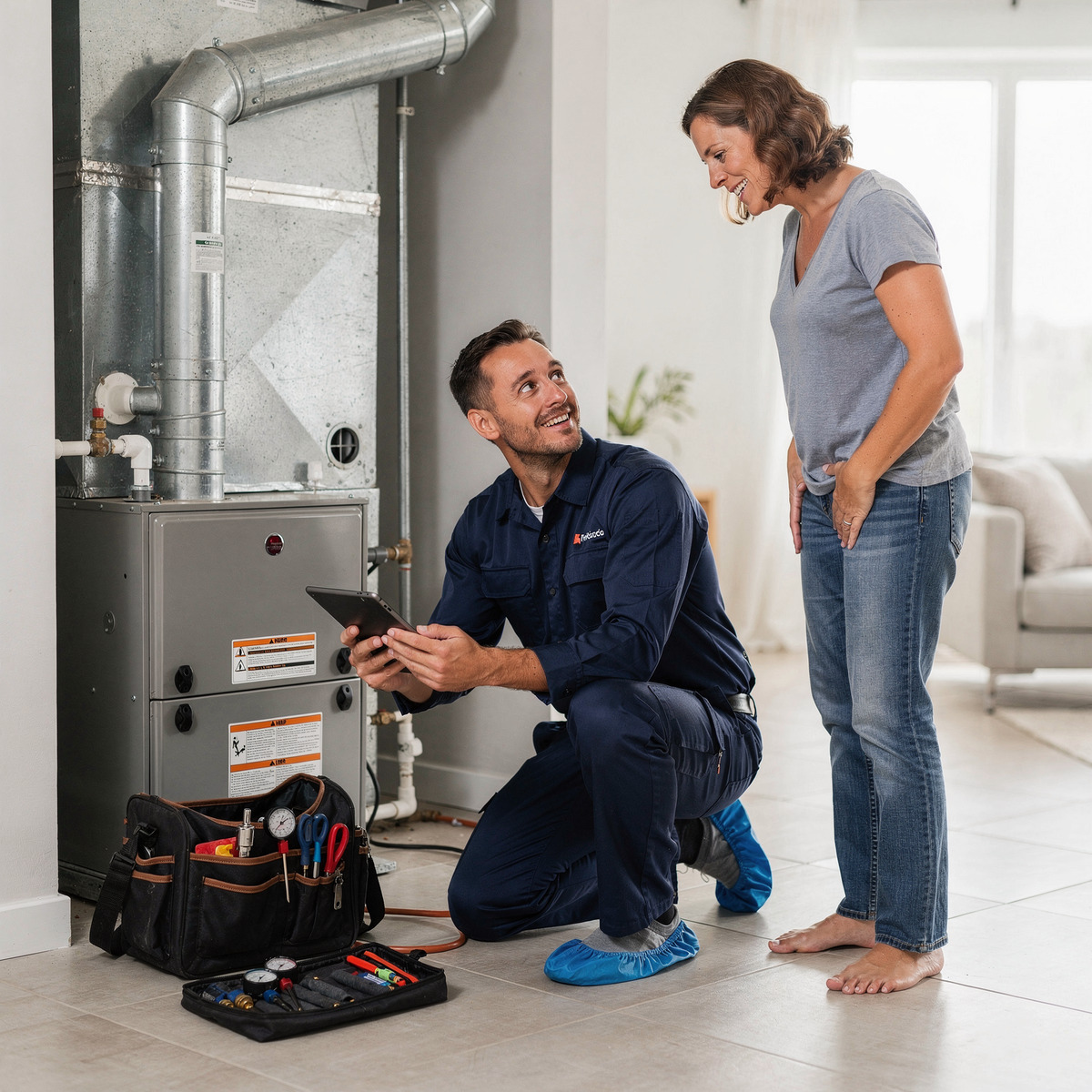 HVAC technician checking a residential outdoor unit
